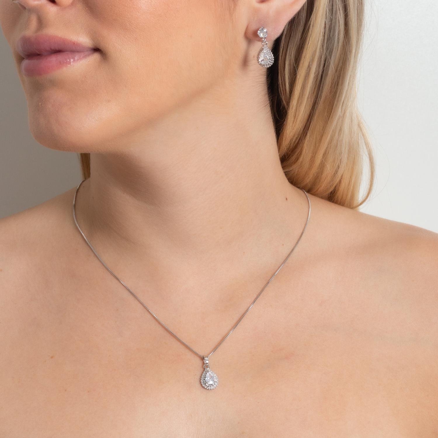 Cjt-919-Rd Conjunto Gota Com Zircônia Cristal - Ródio Branco (45cm+5cm).