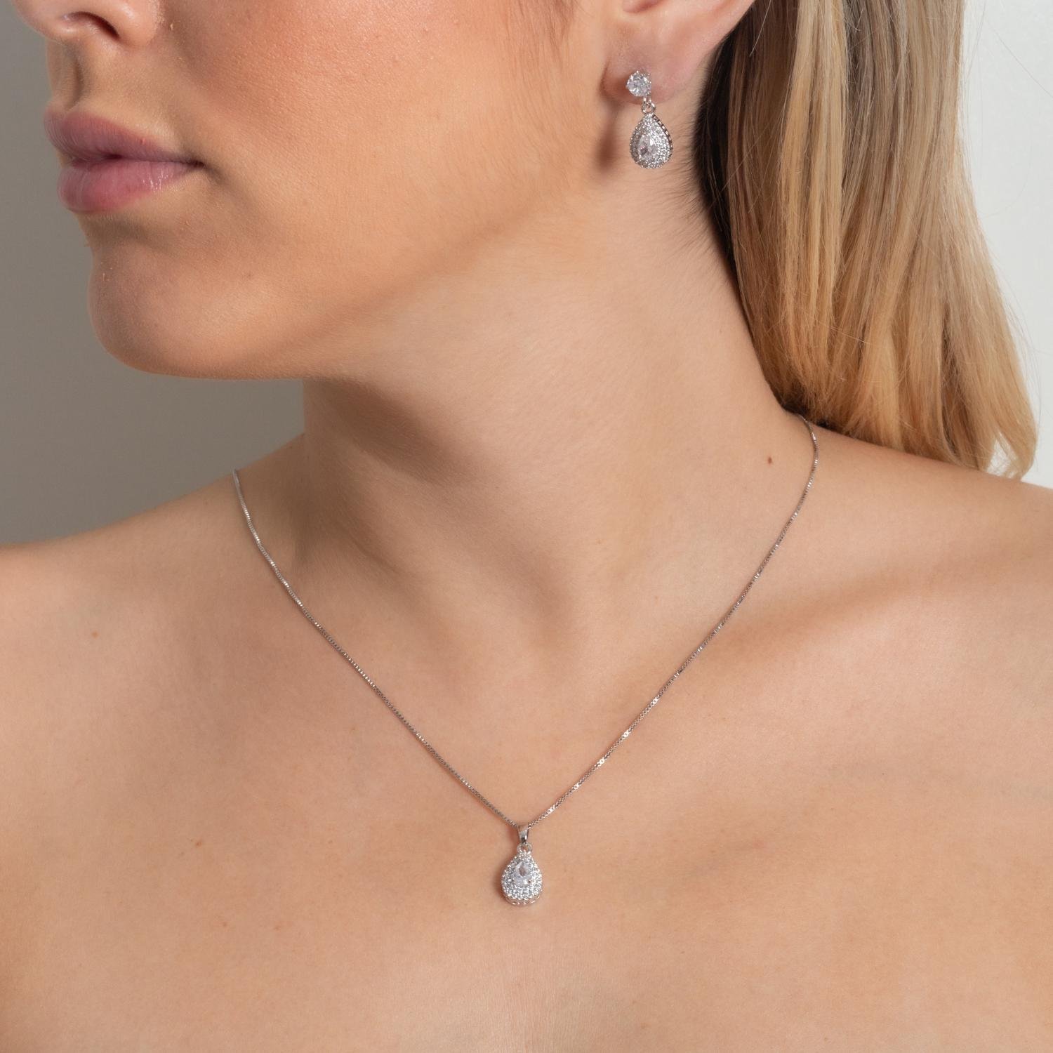 Cjt-921-Rd Conjunto Gota Cravejado De Zircônias Cristais - Ródio Branco (45cm+5cm).