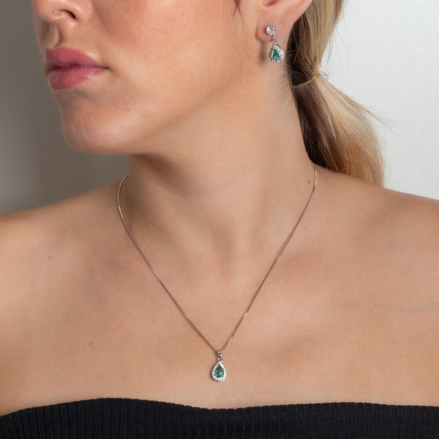 Cjt-926-Rd Conjunto Gota Cravejado Cristal + Turmalina - Ródio Branco (45cm+5cm).