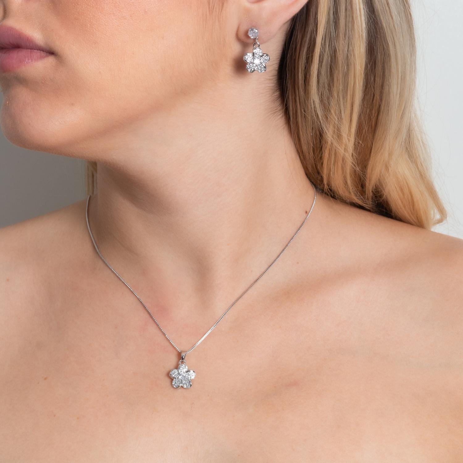 Cjt-955-Rd Conjunto De Flor Cravejado Cristal - Ródio Branco (45cm+5cm).