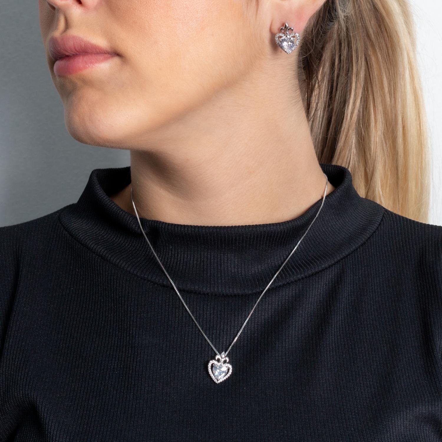 Cjt-959-Rd Brinco De Coração Cravejado De Zircônias Cristais - Ródio Branco (45cm+5cm).