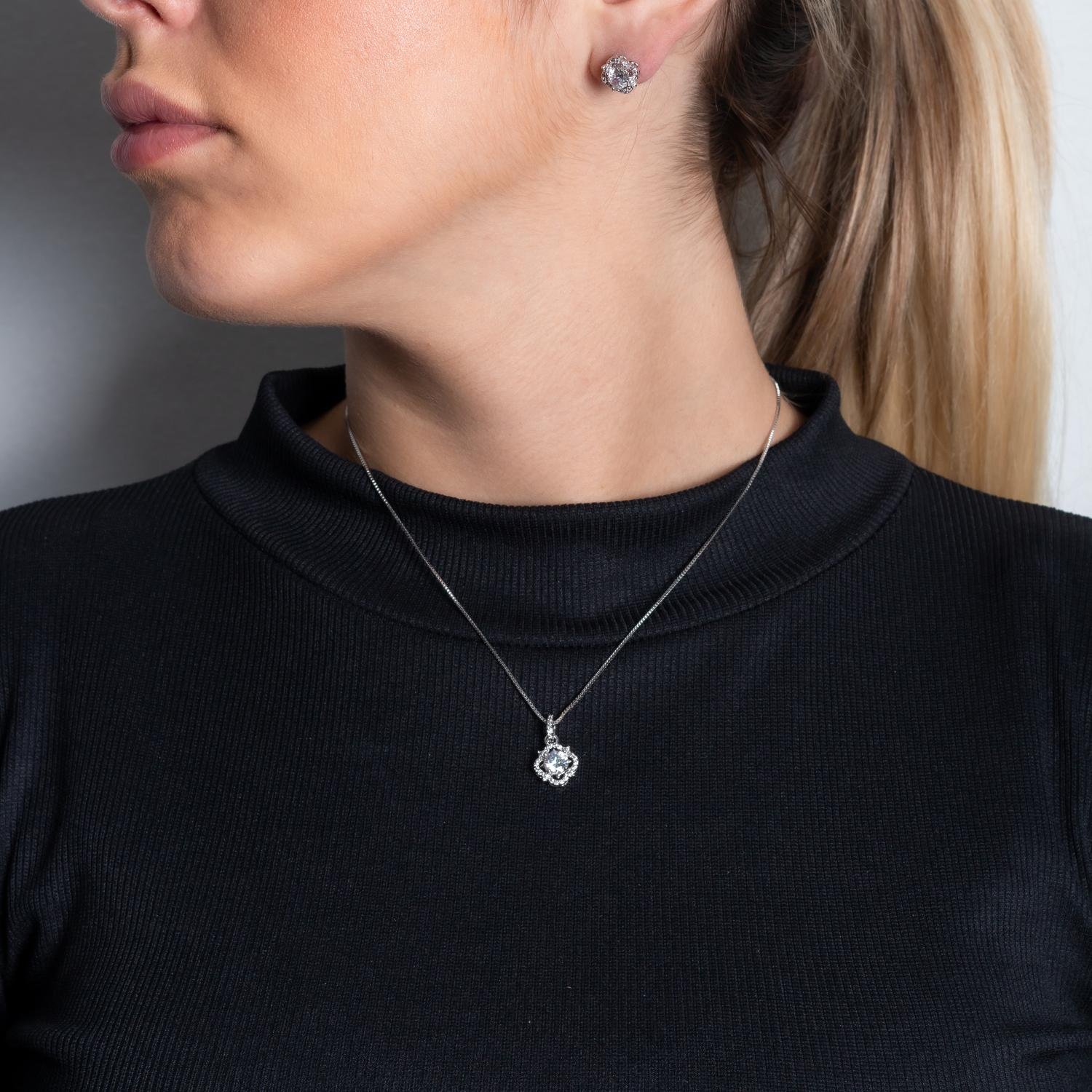 Cjt-964-Rd Conjunto Cravejado De Zircônias Cristais - Ródio Branco (45cm+5cm).