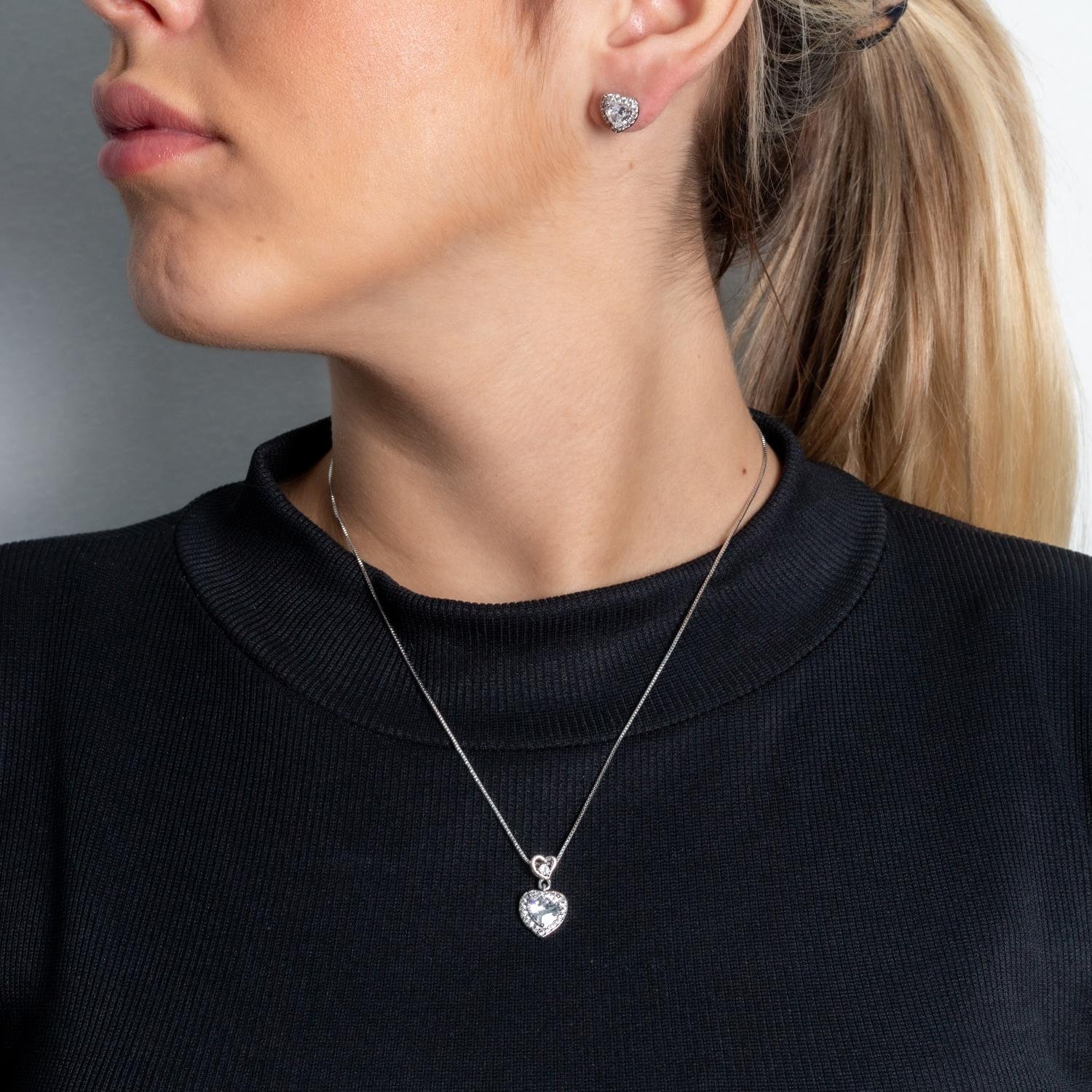 Cjt-971-Rd Conjunto De Coração Com Zircônias Cristais - Ródio Branco (45cm+5cm).