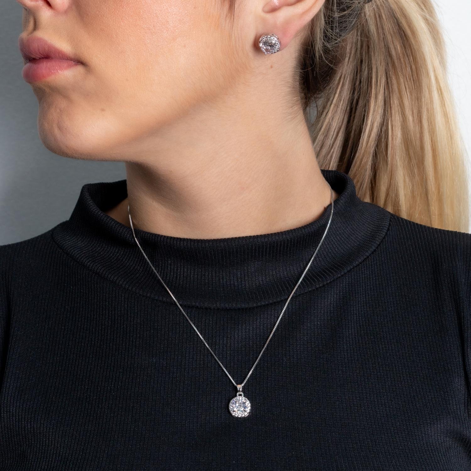 Cjt-976-Rd Conjunto Redondo Cravejado De Zircônias Cristais - Ródio Branco (45cm+5cm).