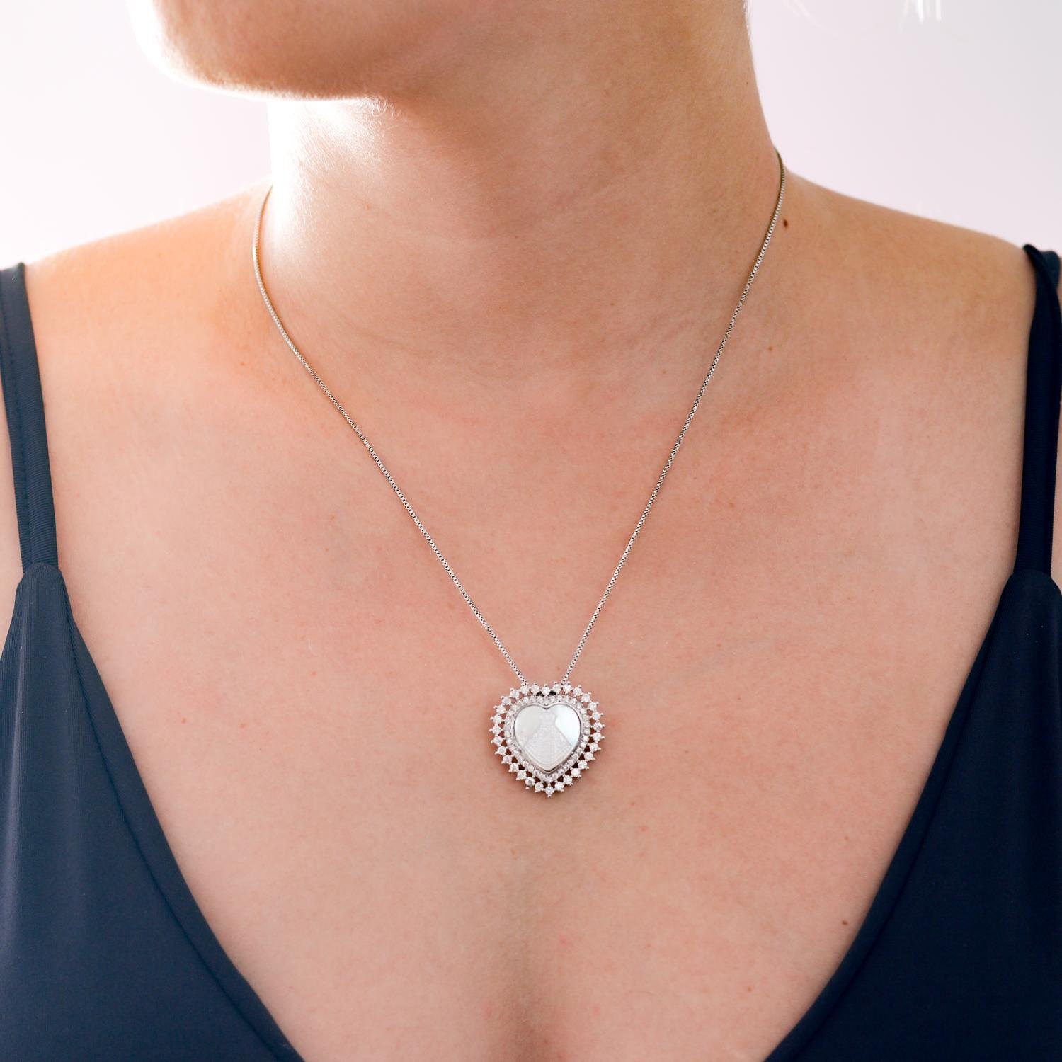 Cld-41b-Rd Colar De Coração Cravejado De Zircônias Cristais Nossa Senhora Aparecida - Ródio Branco (45cm+5cm).