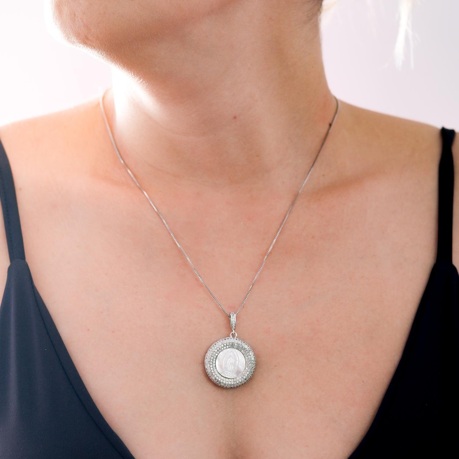 Cld-47-Rd Colar Cravejado De Zircônias Cristais Nossa Senhora De Guadalupe - Ródio Branco (45cm+5cm).