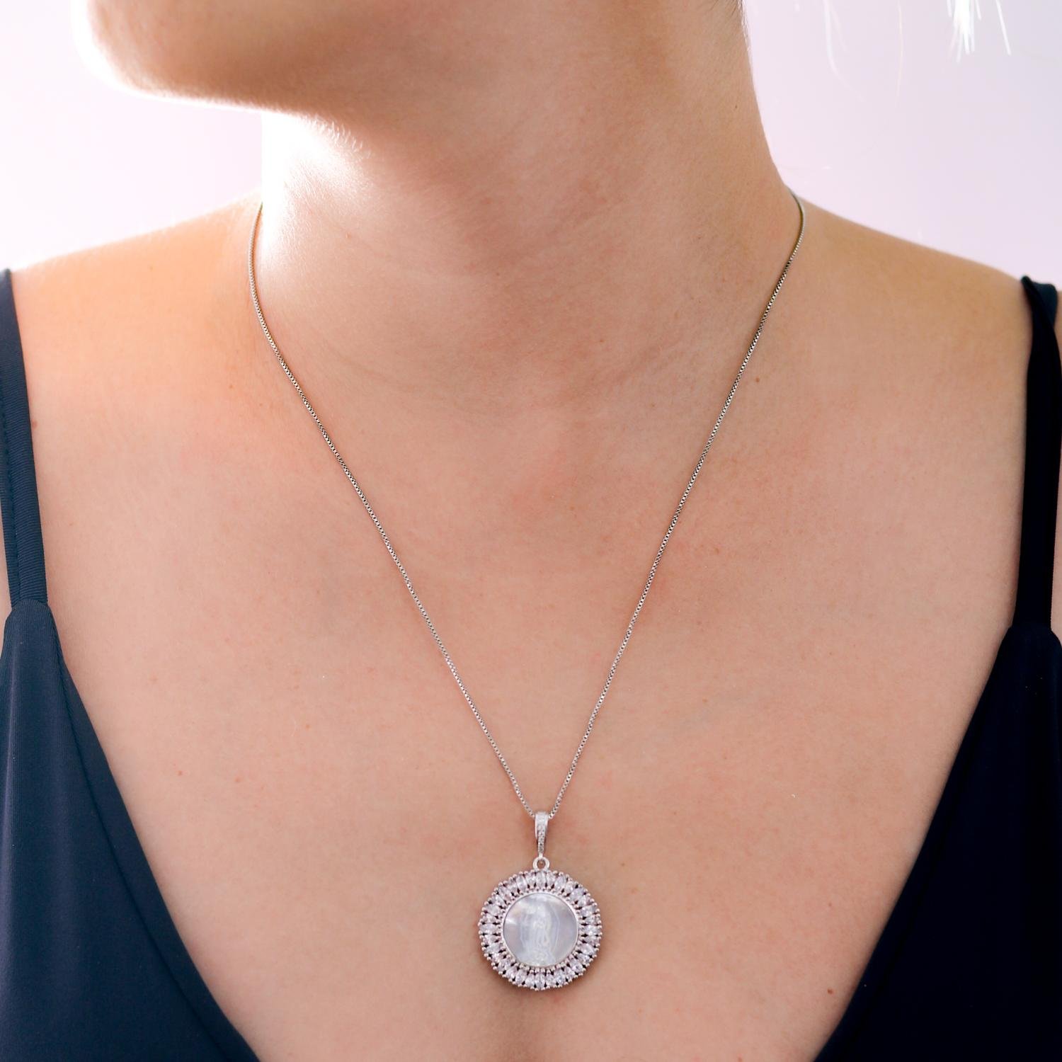 Cld-49-Rd Colar Nossa Senhora De Guadalupe Cravejado De Zircônias Cristais - Ródio Branco (50cm+5cm).