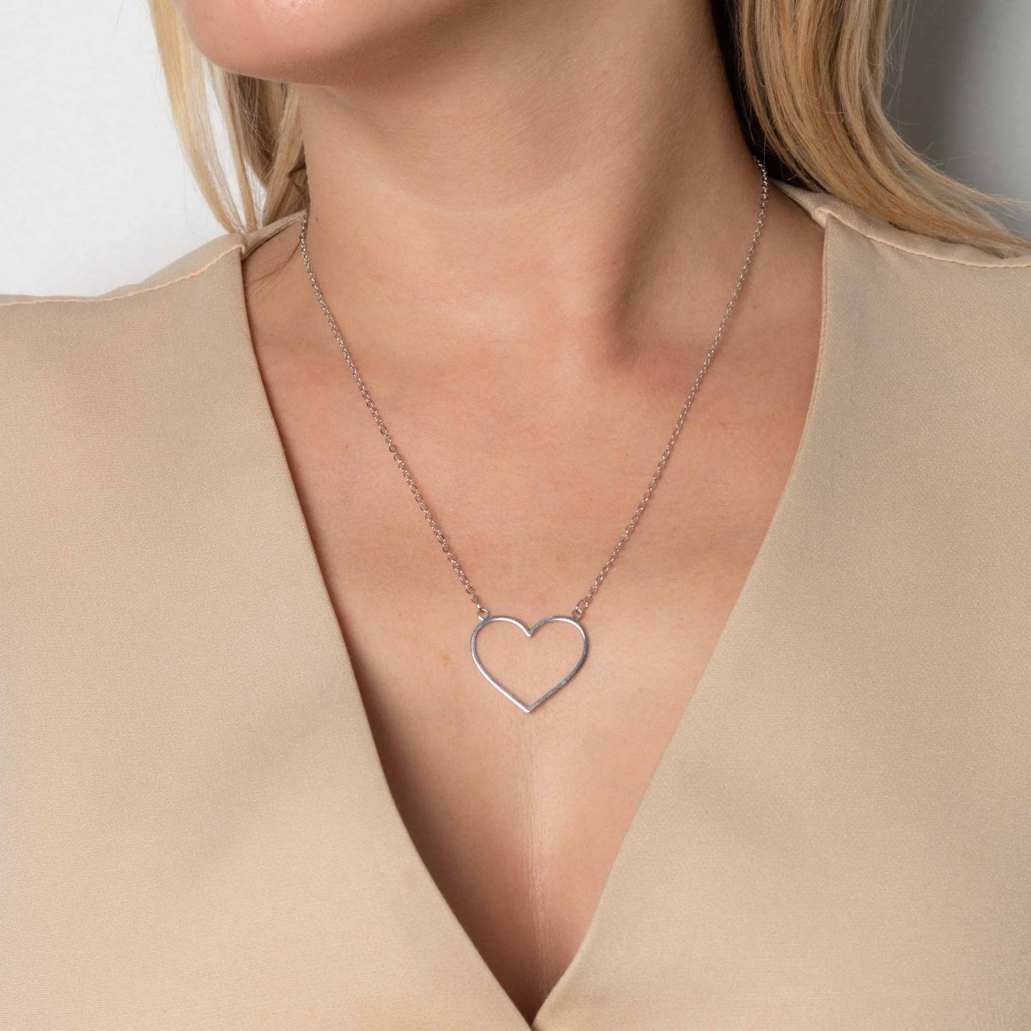 Cll-201-Rd Colar De Coração Com Corrente De Argolinha Oval - Ródio Branco (21cm+21cm+5cm).