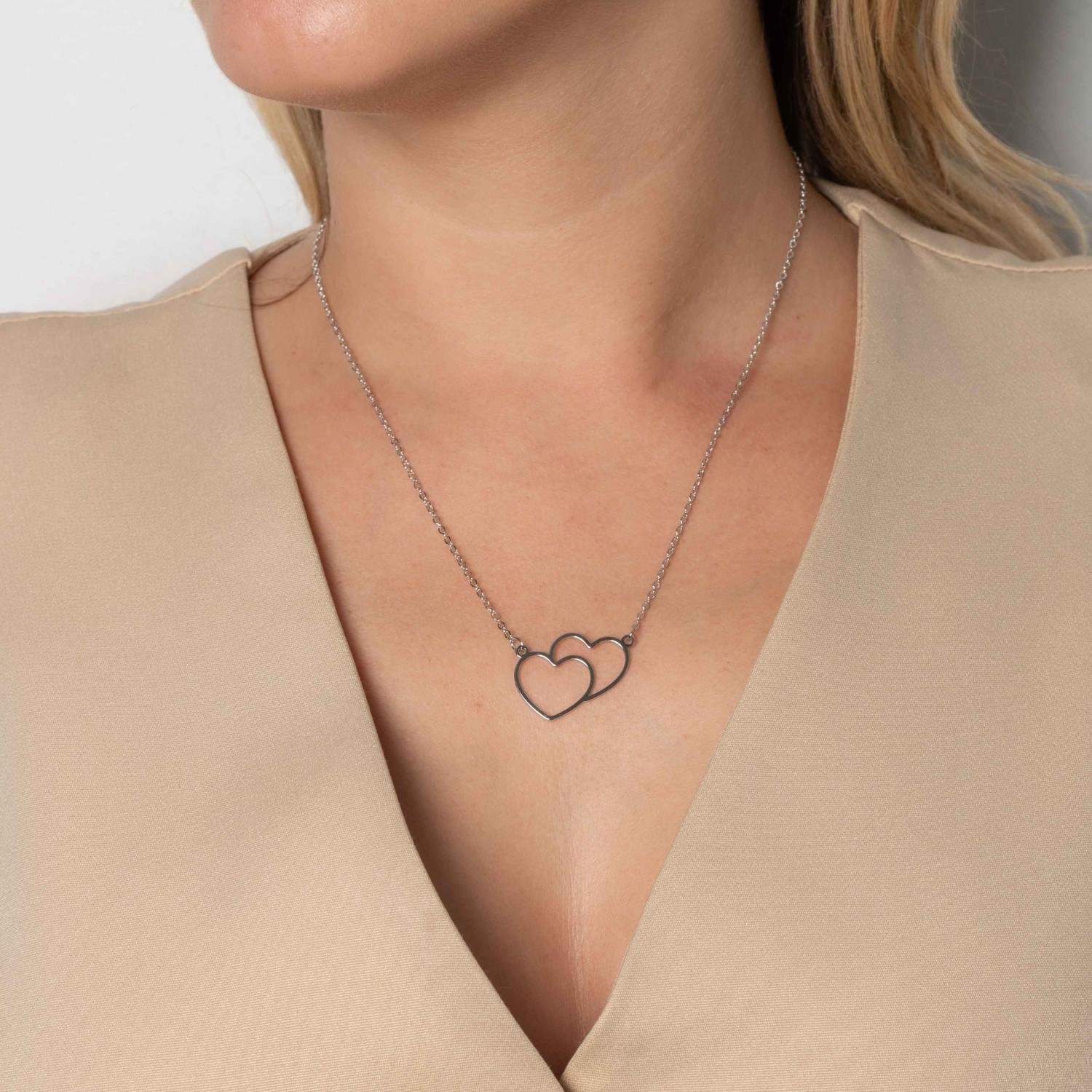 Cll-210-Rd Colar De Dois Corações Vazados - Ródio Branco (21cm21cm+5cm).