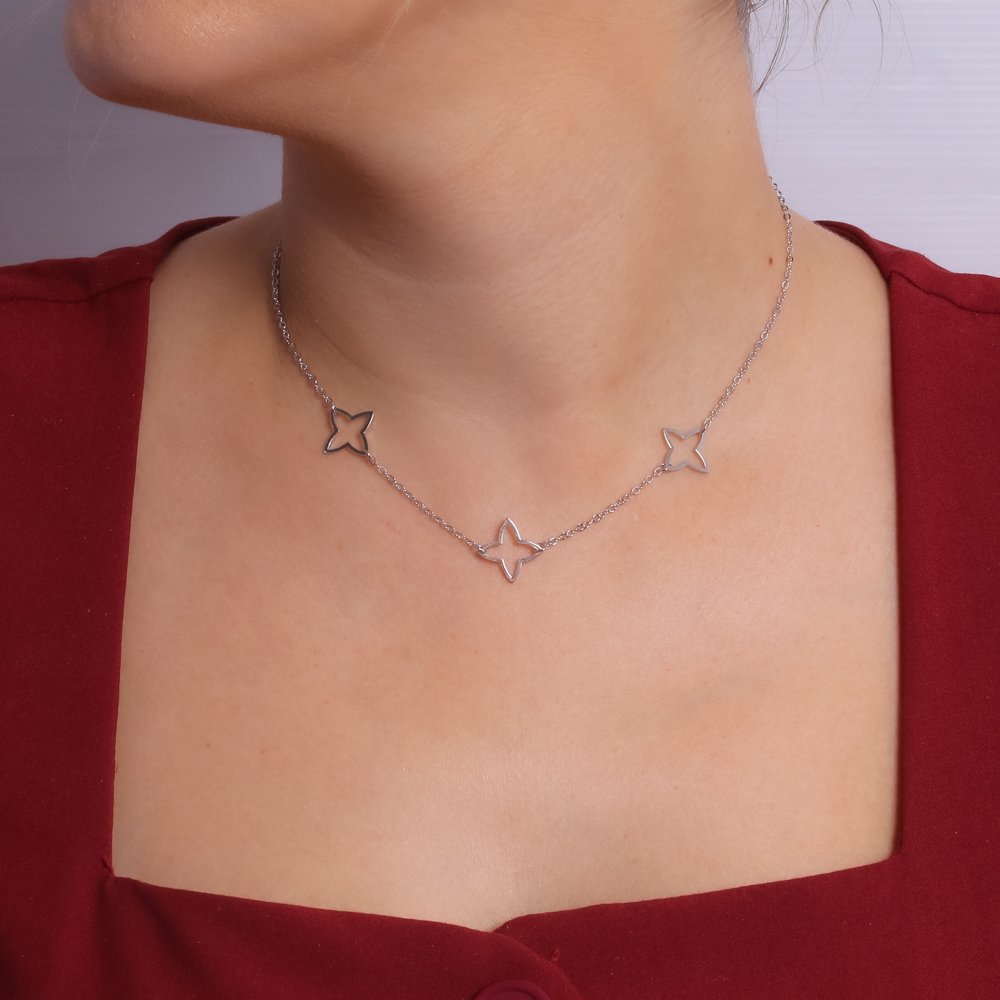 Cll-338-Rd Choker Trevo Vazado - Ródio Branco (32cm+10cm).