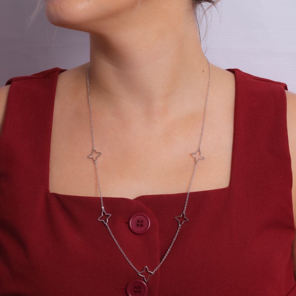 Cll-339-Rd Colar Trevo Vazado - Ródio Branco (60cm+5cm).