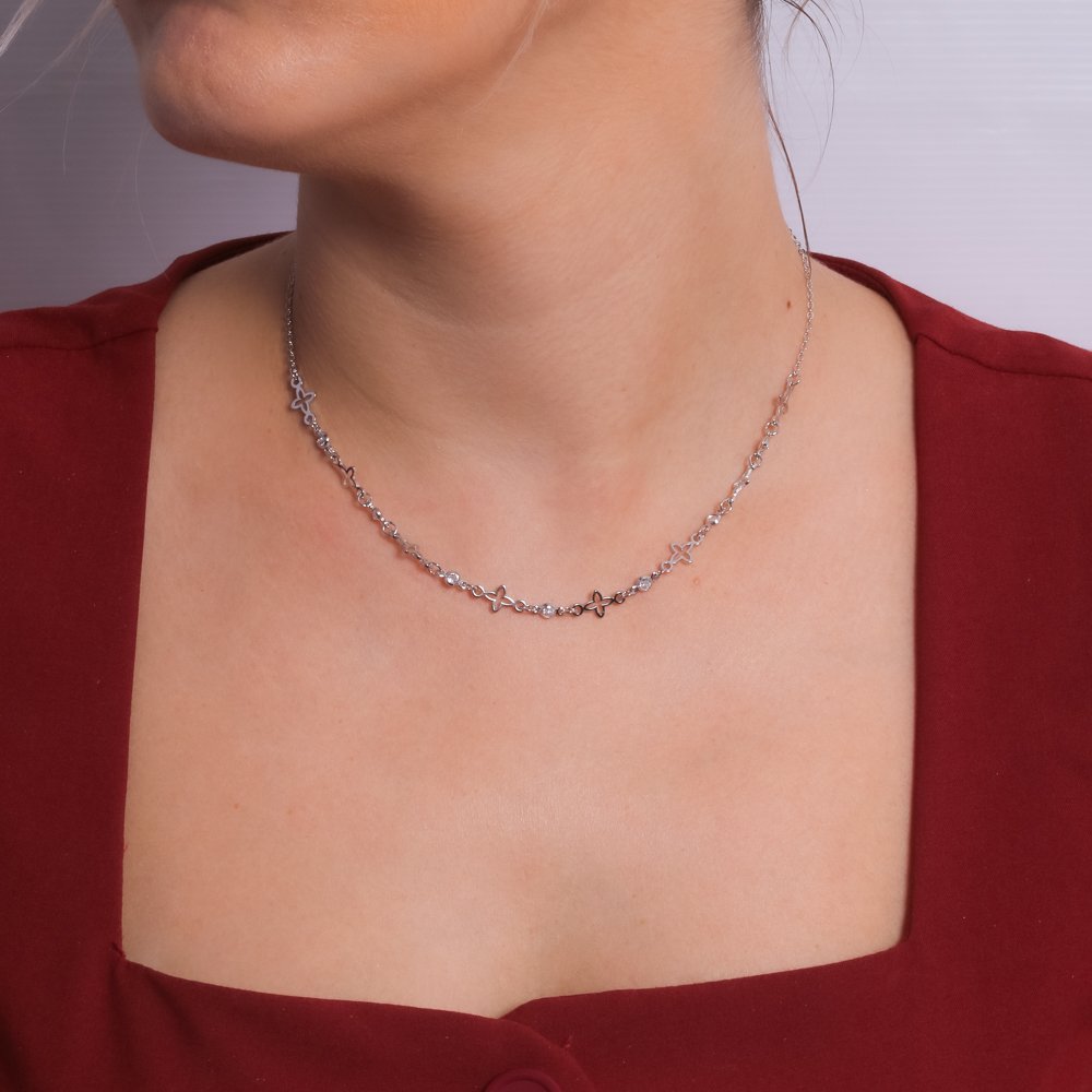 Cll-456-Rd Choker De Trevos E Zircônia Cristal - Ródio Branco (32cm+10cm).