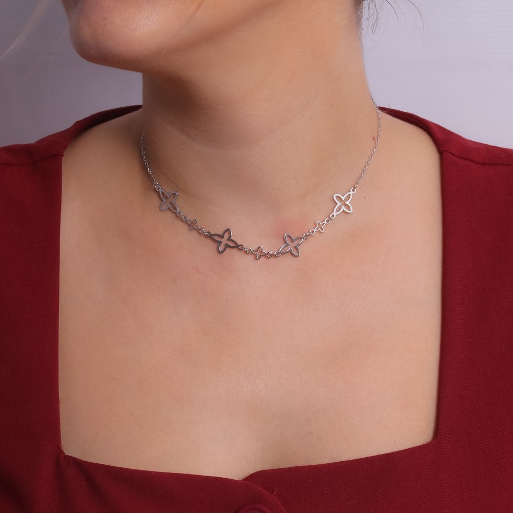 Cll-457-Rd Choker De Trevos Vazados - Ródio Branco (32cm+10cm).