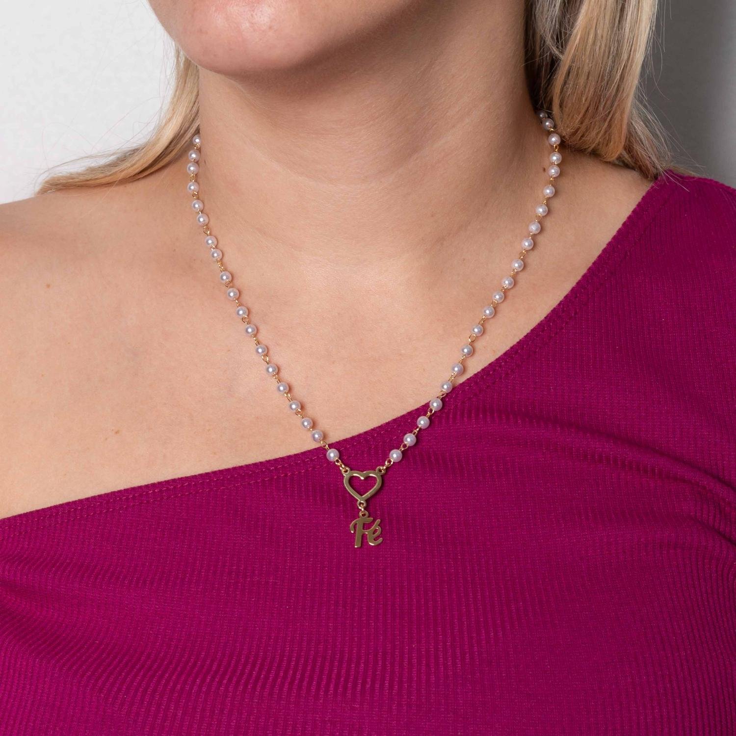 Cll-484-Fo Colar De Pérolas Com Coração E Fé.