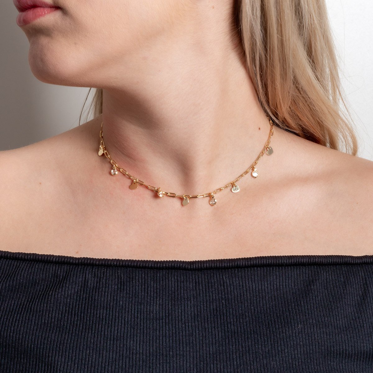Cll-502-Fo Choker De Elos Com Pingentes De Corações E Zircônias Cristais (33cm+10cm).