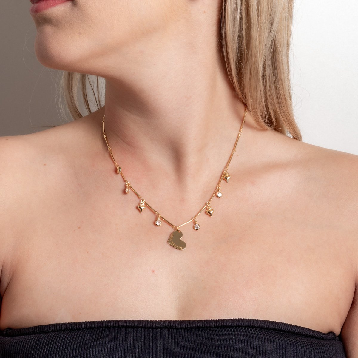 Cll-505-Fo Choker Palito Com Pingentes De Corações E Zircônias Cristais (35cm+10cm).