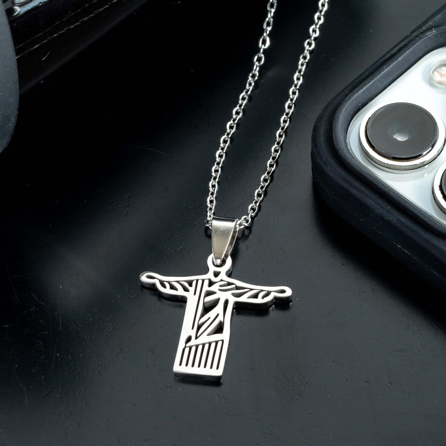 Clm-332-Aço Inox Corrente Masculina Com Pingente De Cristo Redentor (Aço Inox 45cm).