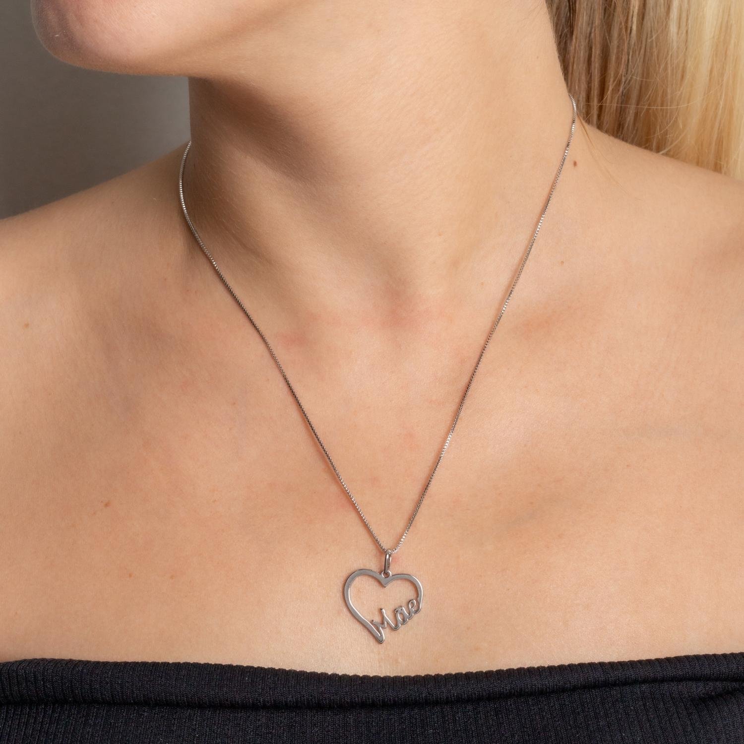 Cls-2933-Rd Colar De Coração Escrito Mãe - Ródio Branco (45cm+5cm).