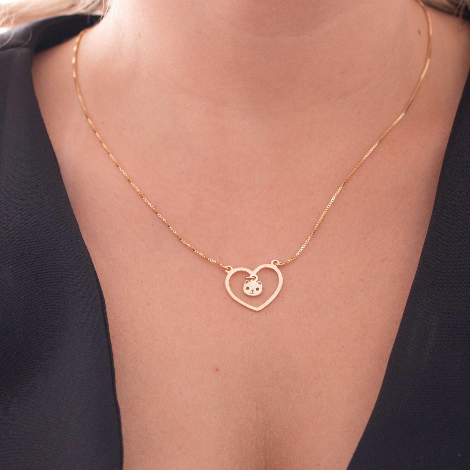 Cls-3544-Fo Colar Com Pingente De Coração Com Gatinho (21x21cm+5cm).