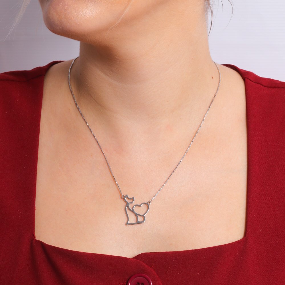 Cls-4183-Rd Colar Vazado De Coração E Gato - Ródio Branco (21x21cm+5cm).