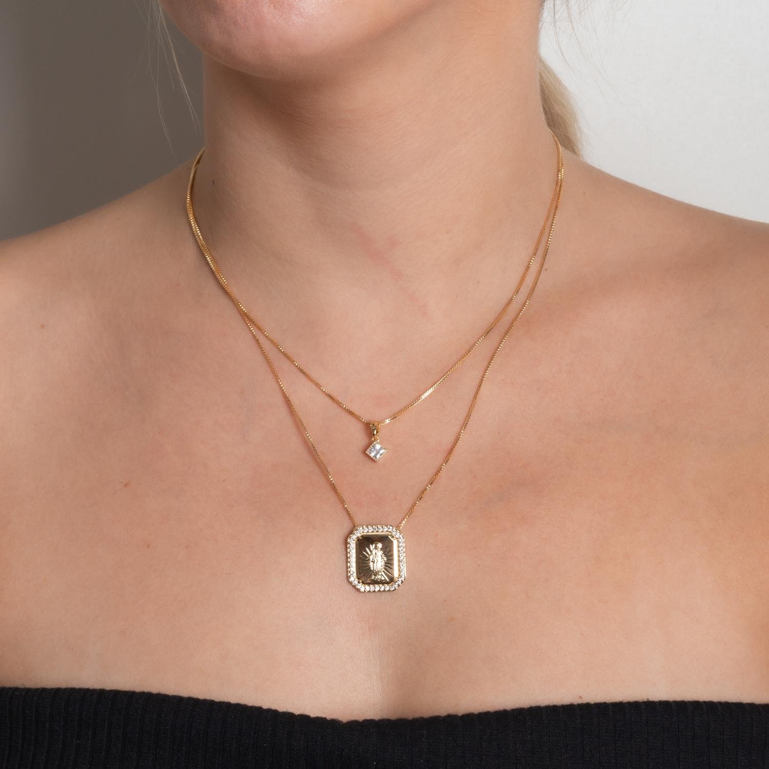 Clt-1285-Fo Colar Duplo Nossa Senhora Das Graças E Zircônia Cristal.