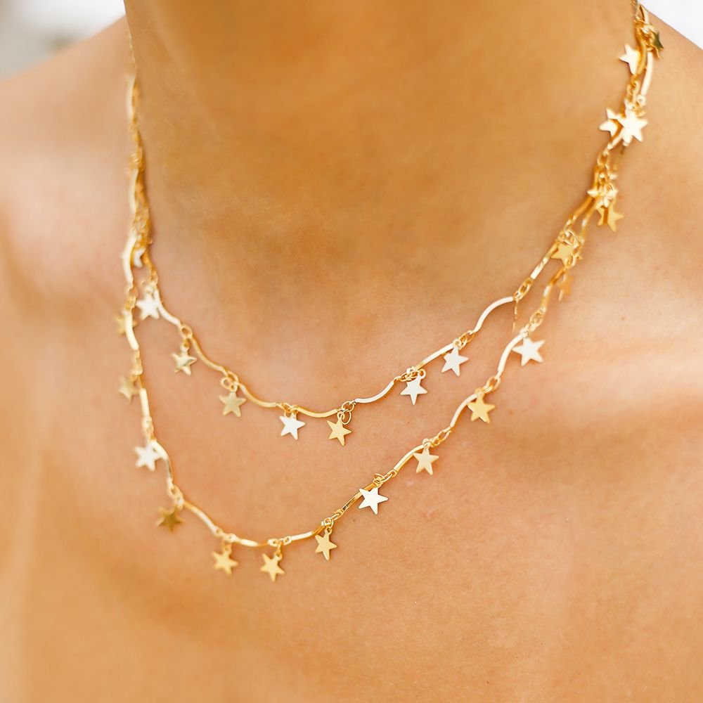 Clt-1536-Fo (38cm/44cm) Colar Duplo De Estrelas