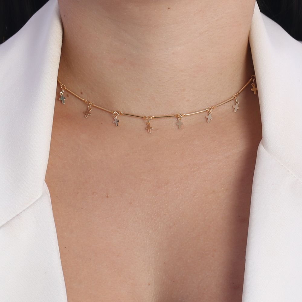 Clt-1765-Fo Colar Chocker Palito Com Cruz (35cm+5cm)