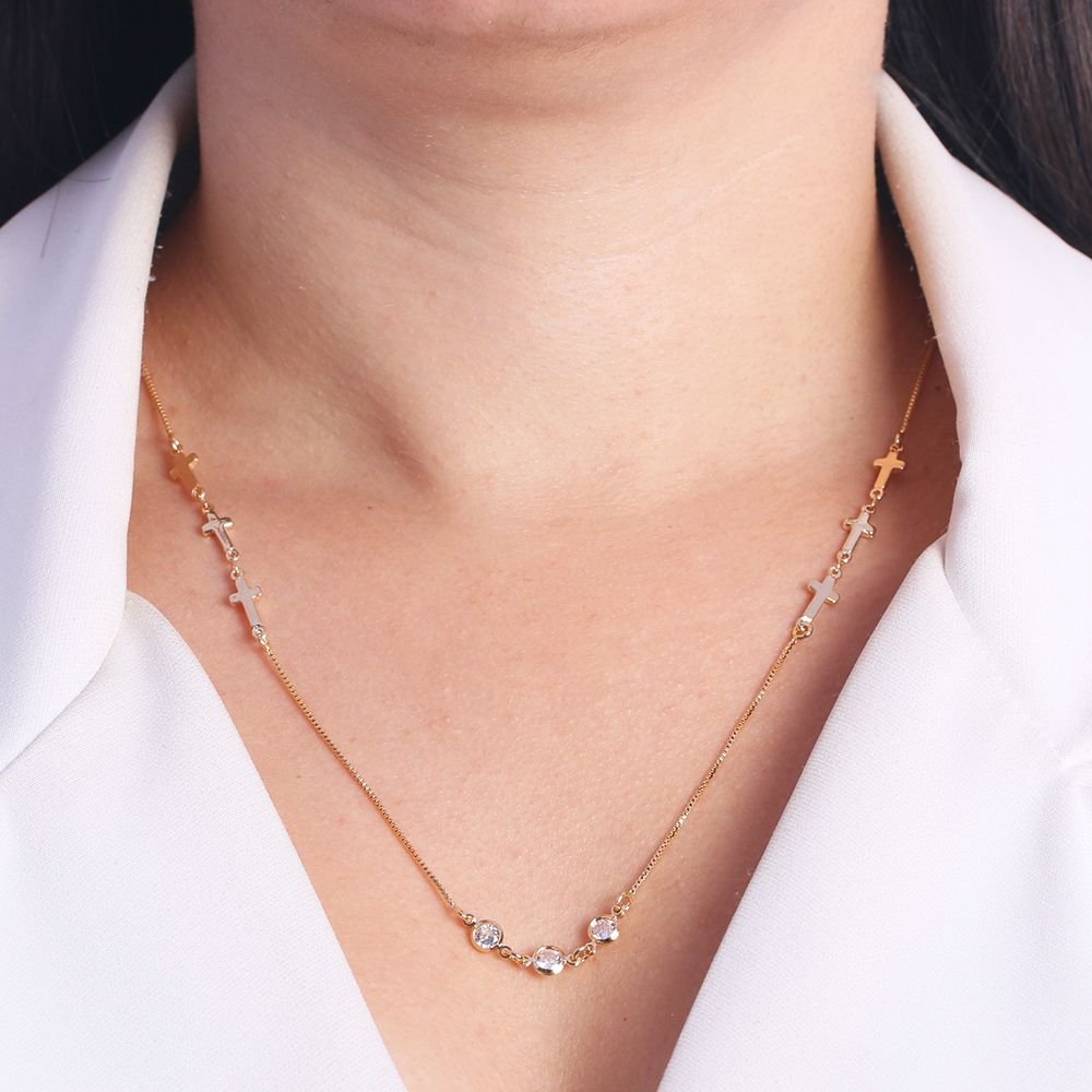 Clt-1902-Fo (85cm+5cm) Colar De Mini Cruz De Zircônia Cristal