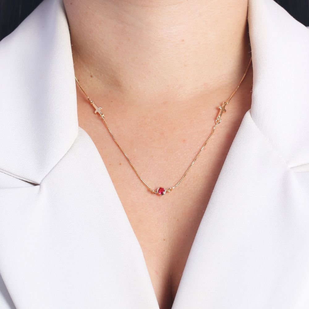 Clt-1947-Fo (80cm) Colar Longo De Cruz E Zircônias Fúcsia