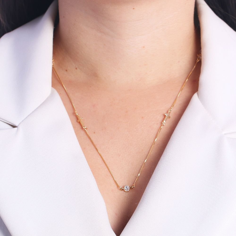 Clt-1968-Fo (50cm+5cm) Colar Longo De Cruz E Zircônias Cristal