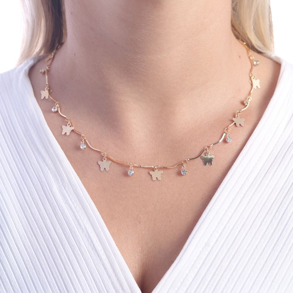 Clt-1985-Fo (32cm+10cm) Choker Elos Retos Borboletas E Zircônias 
