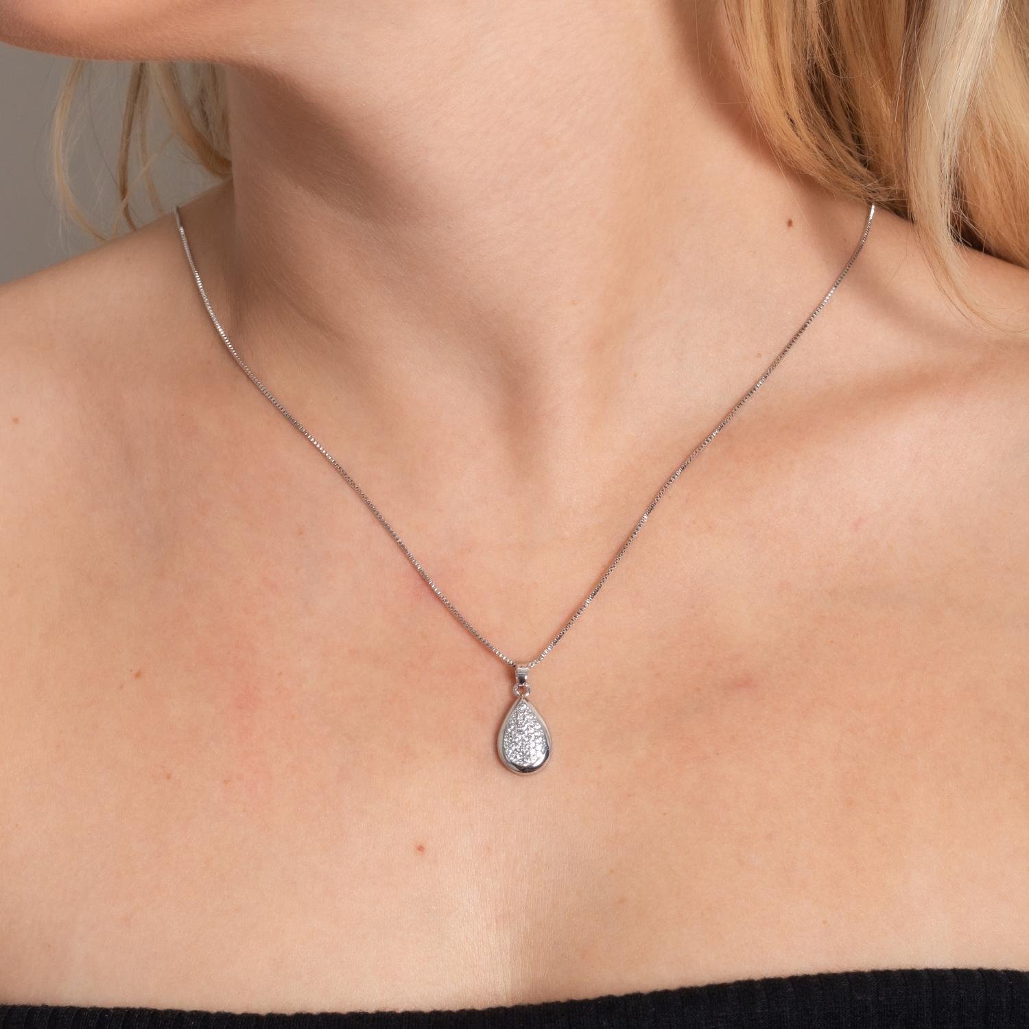 Clti-2073-Rd Colar Com Pingente Gota Cravejado Cristal - Ródio Branco (45cm+5cm).