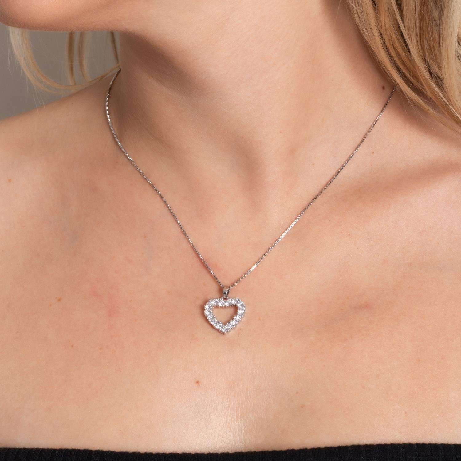 Clti-2074-Rd Colar De Coração Cravejado Cristal - Ródio Branco (45cm+5cm).