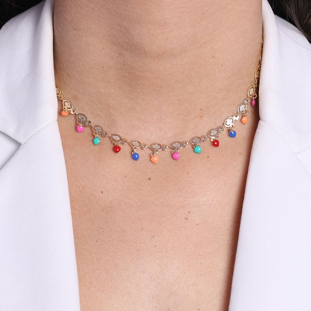 Clt-2284-Fo 34cm+10cm Colar Detalhado E Mini Corações Resina