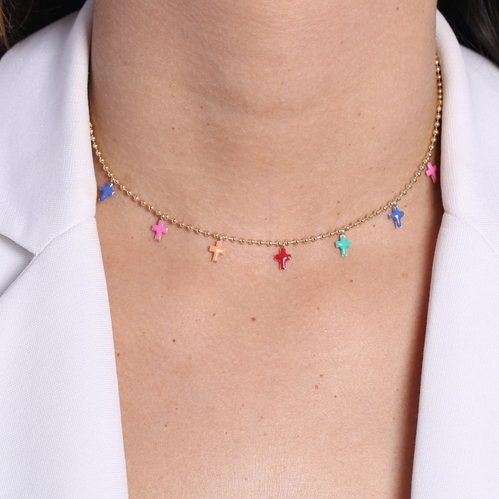 Clt-2346-Fo (30cm+10cm) Choker De Cruz Coloridas
