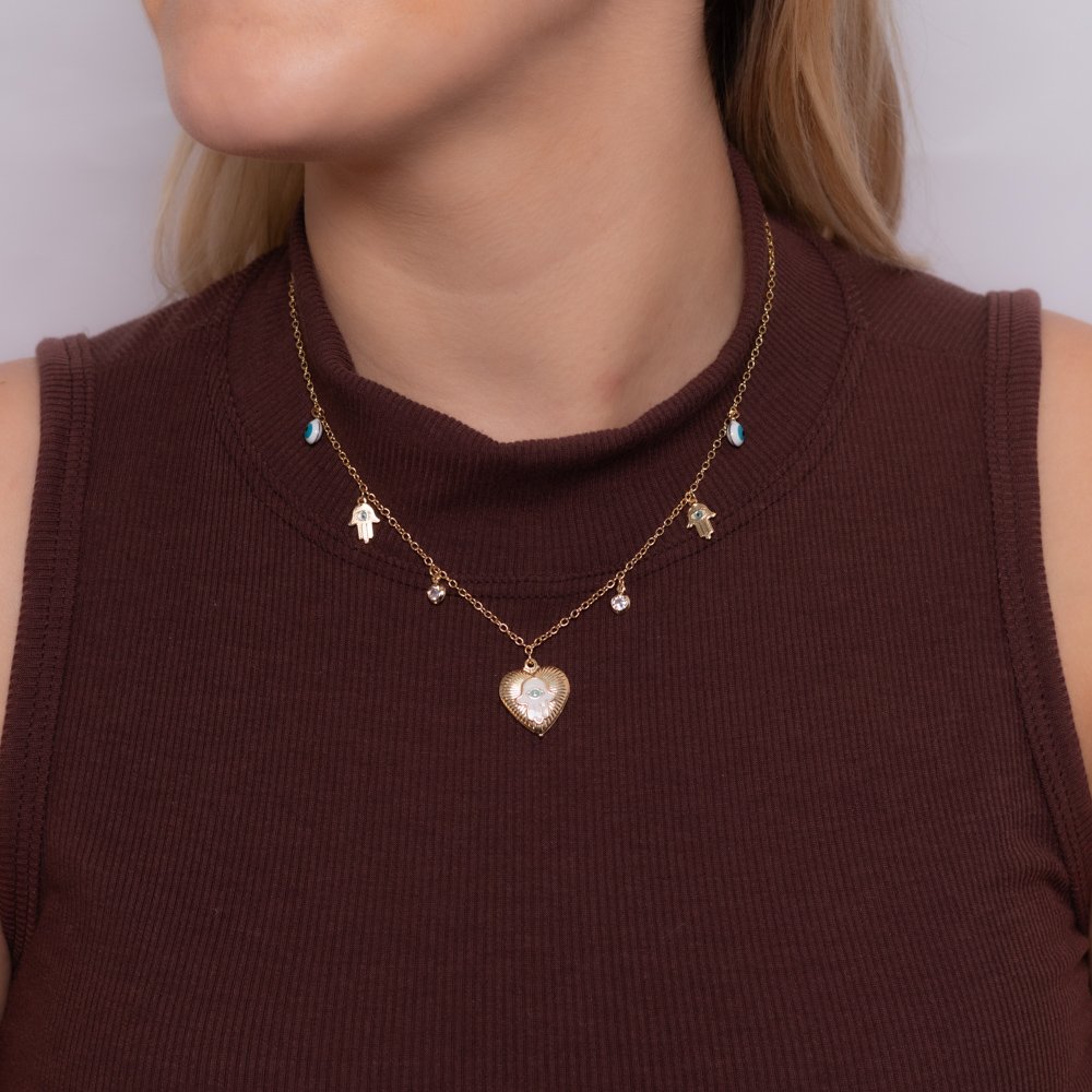 Clt-2384-Fo - Colar Mão De Fátima E Olho Grego