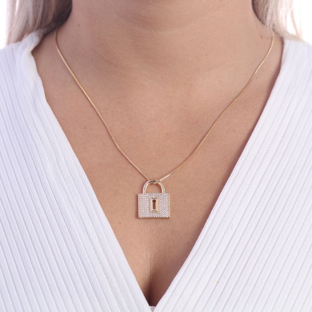 Clt-2794-Fo Colar De Cadeado Cravejado Cristal