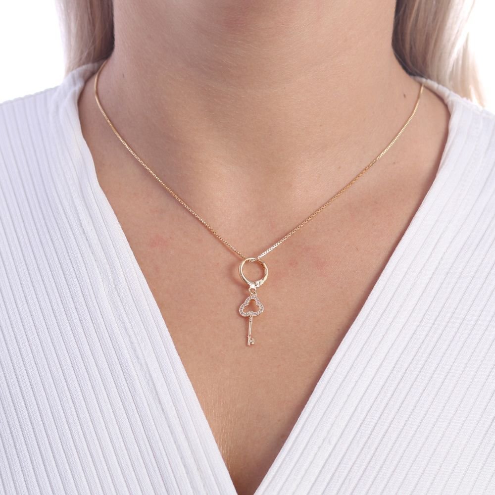 Clt-2808-Fo Colar Com Pingente De Chave Cravejada Cristal
