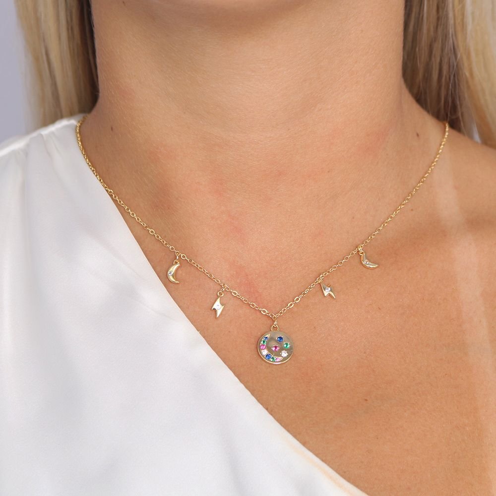 Clt-3399-Fo (40cm+5cm) Colar De Medalha De Lua E Estrela Cravejado Colorido