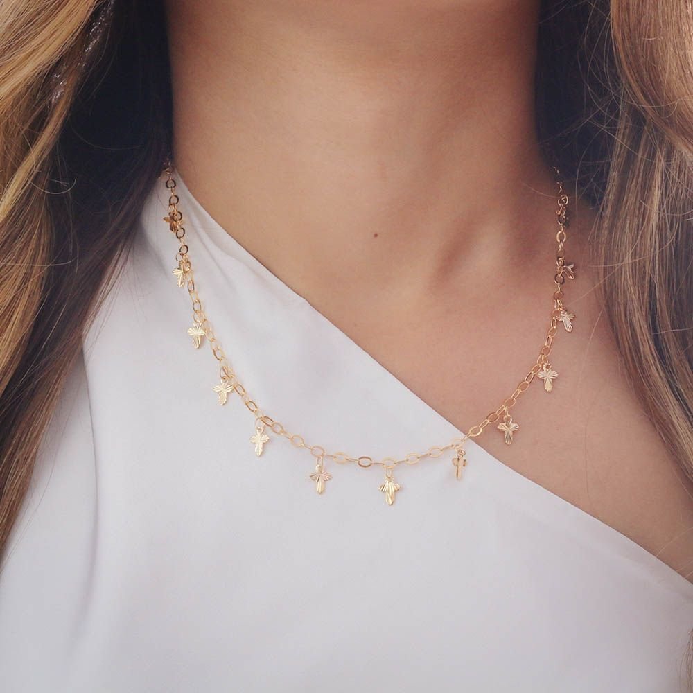 Clt-3418-Fo (35cm+10cm) Choker Com Pingentes De Cruz