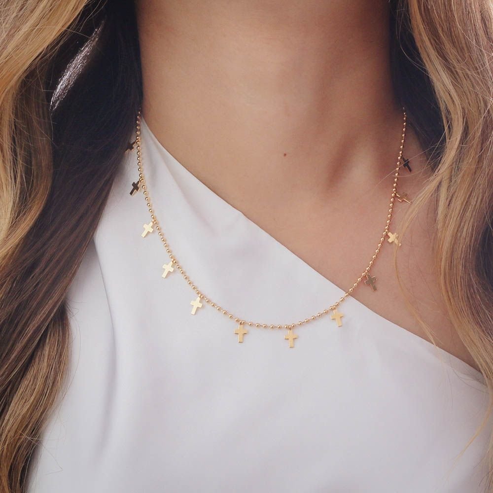 Clt-3423-Fo (35cm+10cm) Choker De Bolinhas Com Cruz