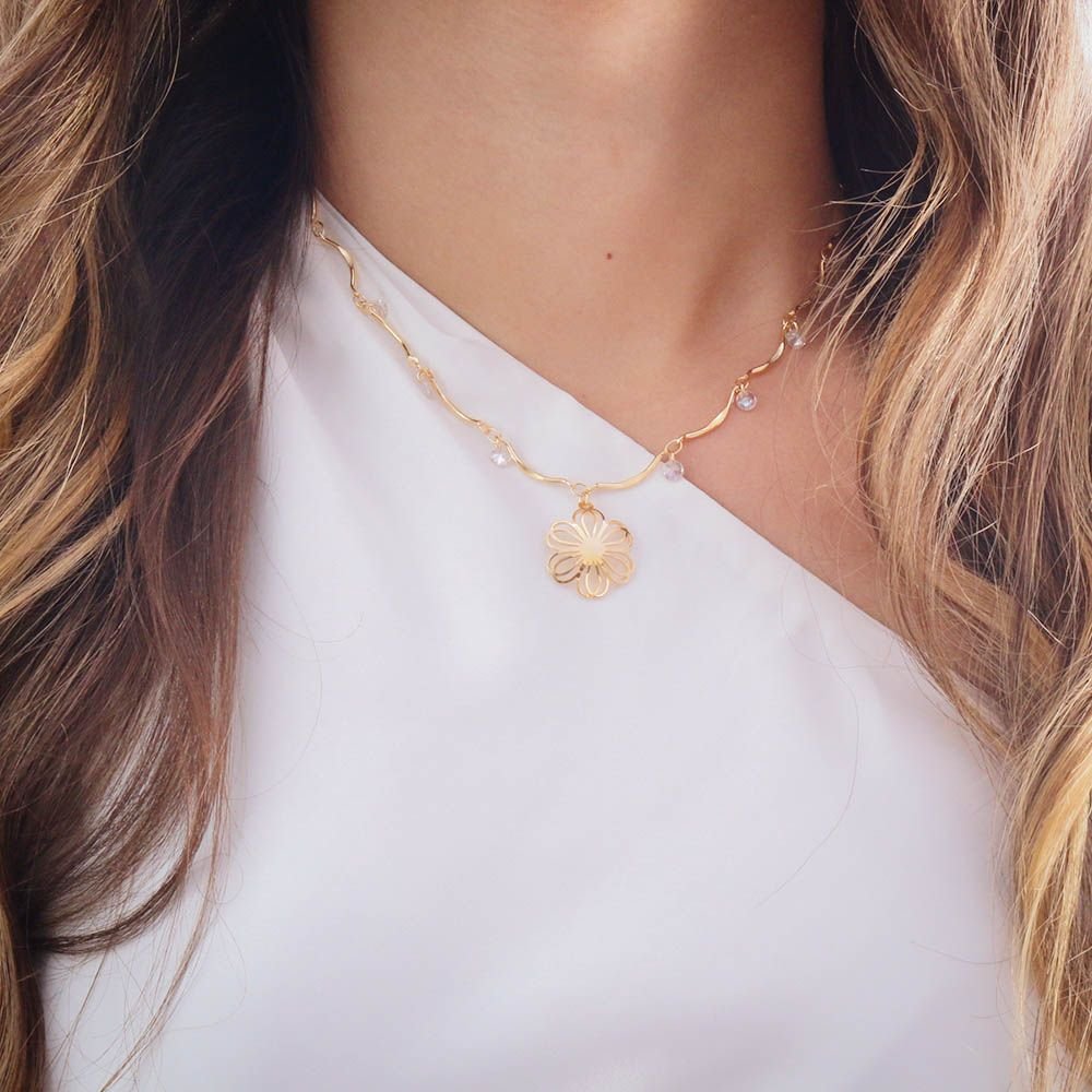 Clt-3437-Fo (35cm+10cm) Choker De Flor E Zircônias