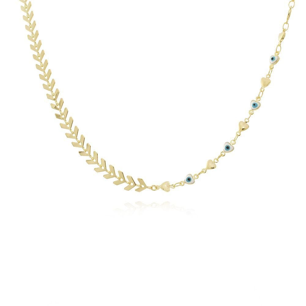 Clt-5322-Fo Colar Escama Peixe, Coração Olho Grego 50cm+10cm