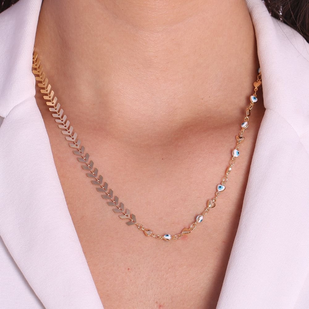 Clt-5322-Fo Colar Escama Peixe, Coração Olho Grego 50cm+10cm