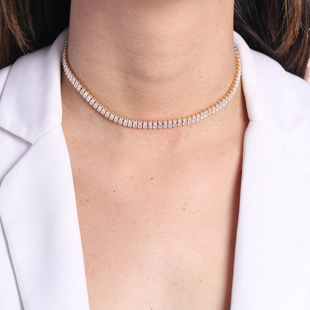 Clt-5416-Fo 30cm+10cm Choker Baguete Riviera Cristal