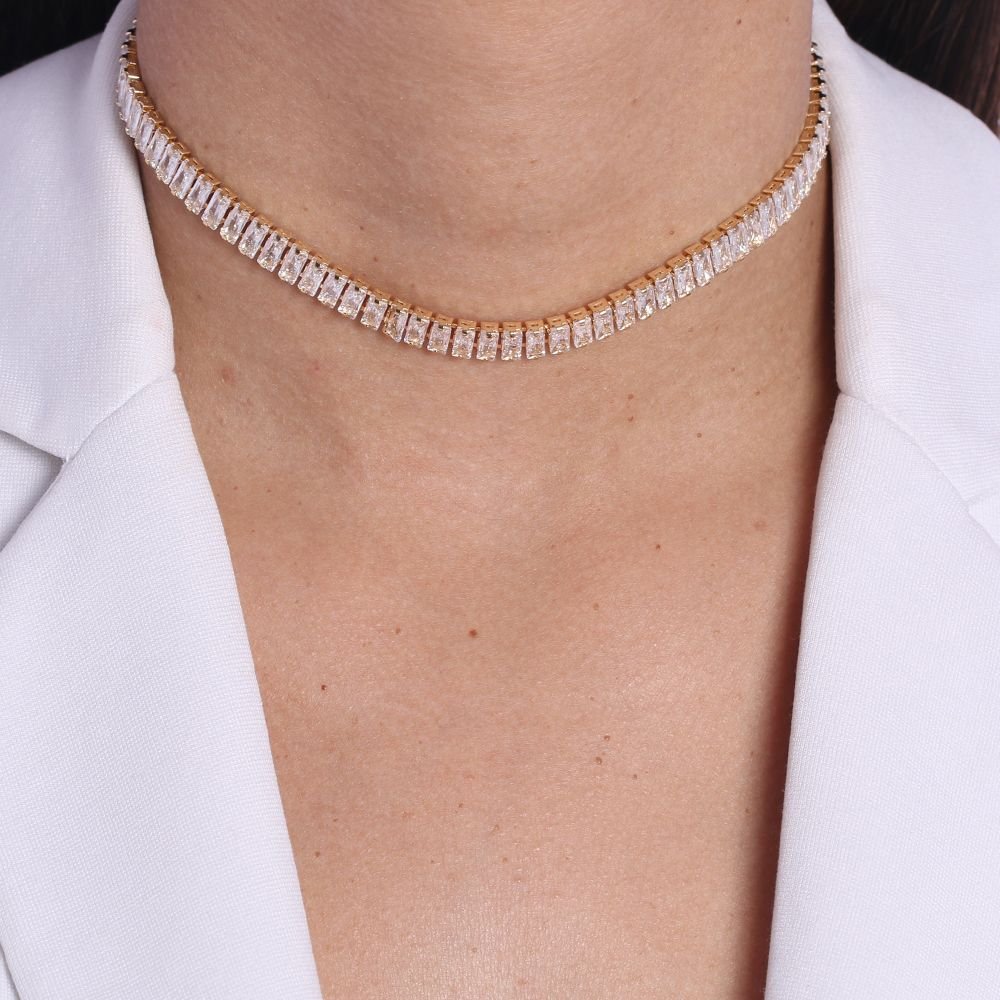 Clt-5417-Fo (30cm+10cm) Choker De Riviera Baguete Cristal