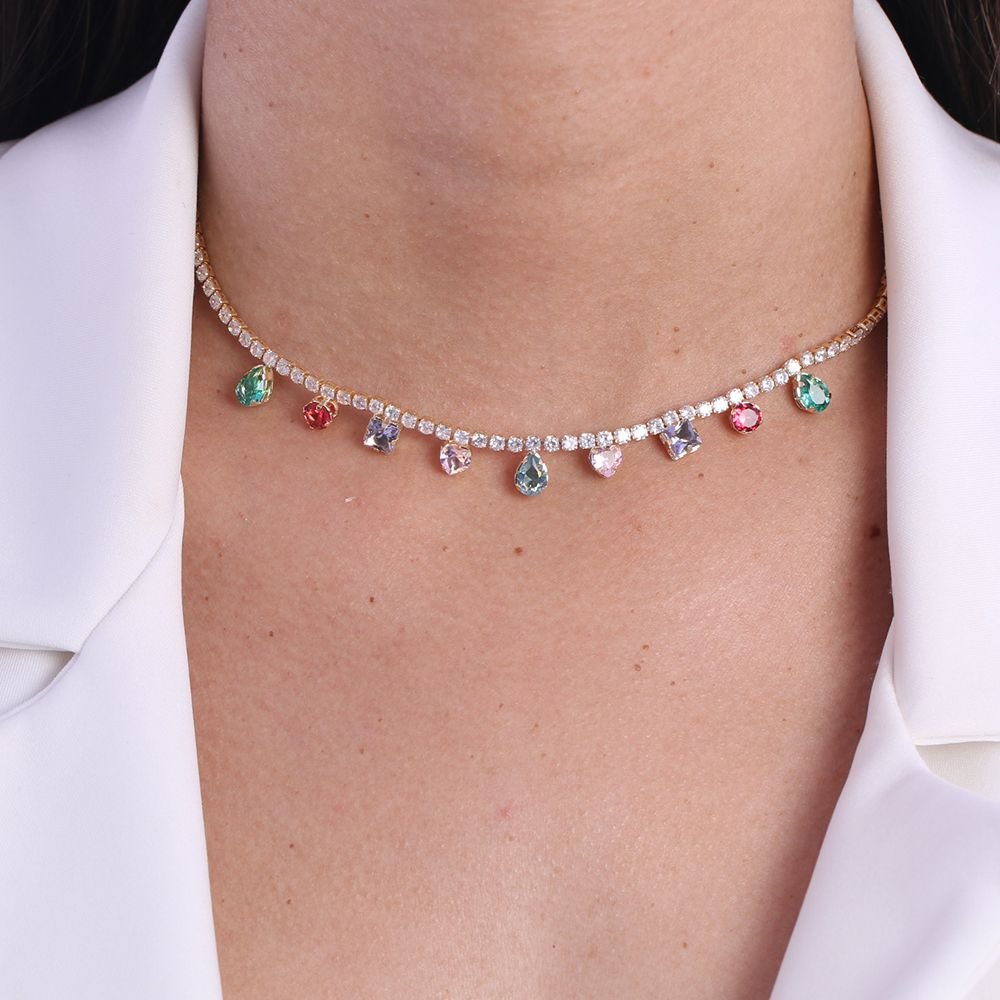 Clt-5427-Fo (35cm+10cm) Choker De Riviera Com Pedras Coloridas
