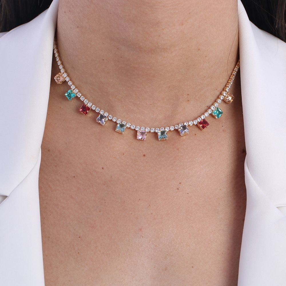 Clt-5429-Fo (35cm+10cm) Choker De Riviera E Pedras Coloridas