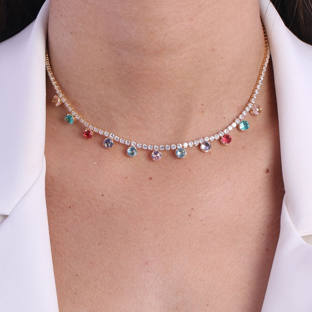 Clt-5430-Fo (35cm+10cm) Choker De Riviera E Pedras Coloridas