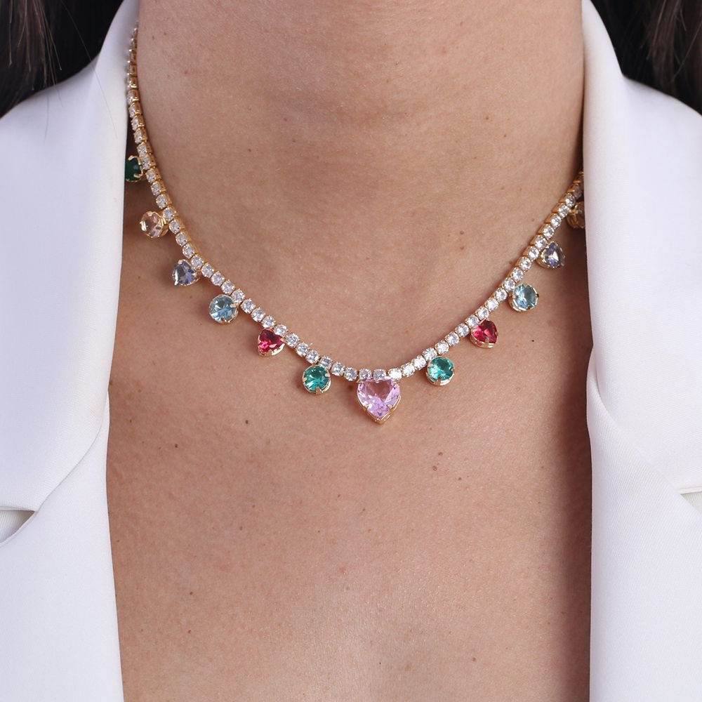 Clt-5432-Fo (35cm+10cm) Choker De Riviera E Pedras De Corações Coloridos